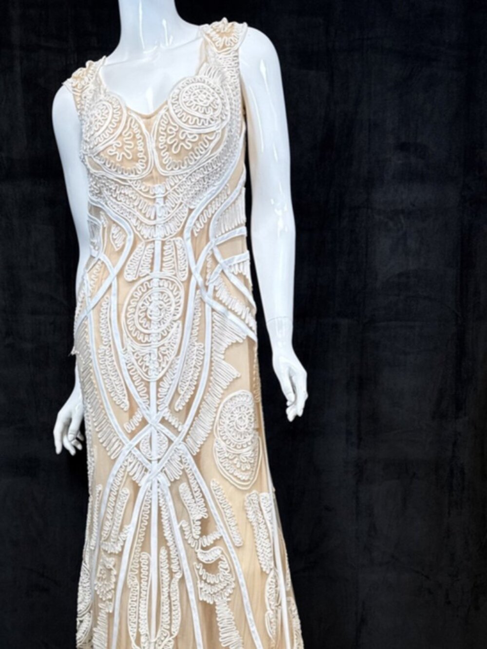 Jasz Couture Red Carpet Lace Nude White Embroidered Beige Lined Gown, Size 10